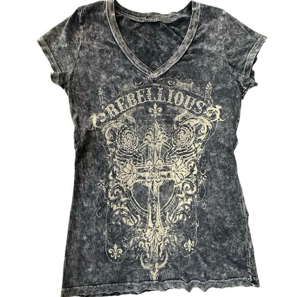 VINTAGE Y2K Women’s Small Whimsigoth Rhinestone Cross Roses Rebellious T Shirt - Picture 2 of 10